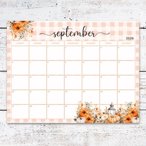 Calendario imprimible de septiembre de 2026, planificador de septiembre, calendario que comienza en domingo, calendario floral de otoño, organizador para el trabajo, la oficina y el hogar.