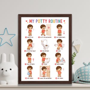 May include: A framed educational poster titled MY POTTY ROUTINE featuring twelve numbered illustrations of a child in a red shirt and tan pants demonstrating steps for using the toilet, from needing to go to washing hands and leaving.