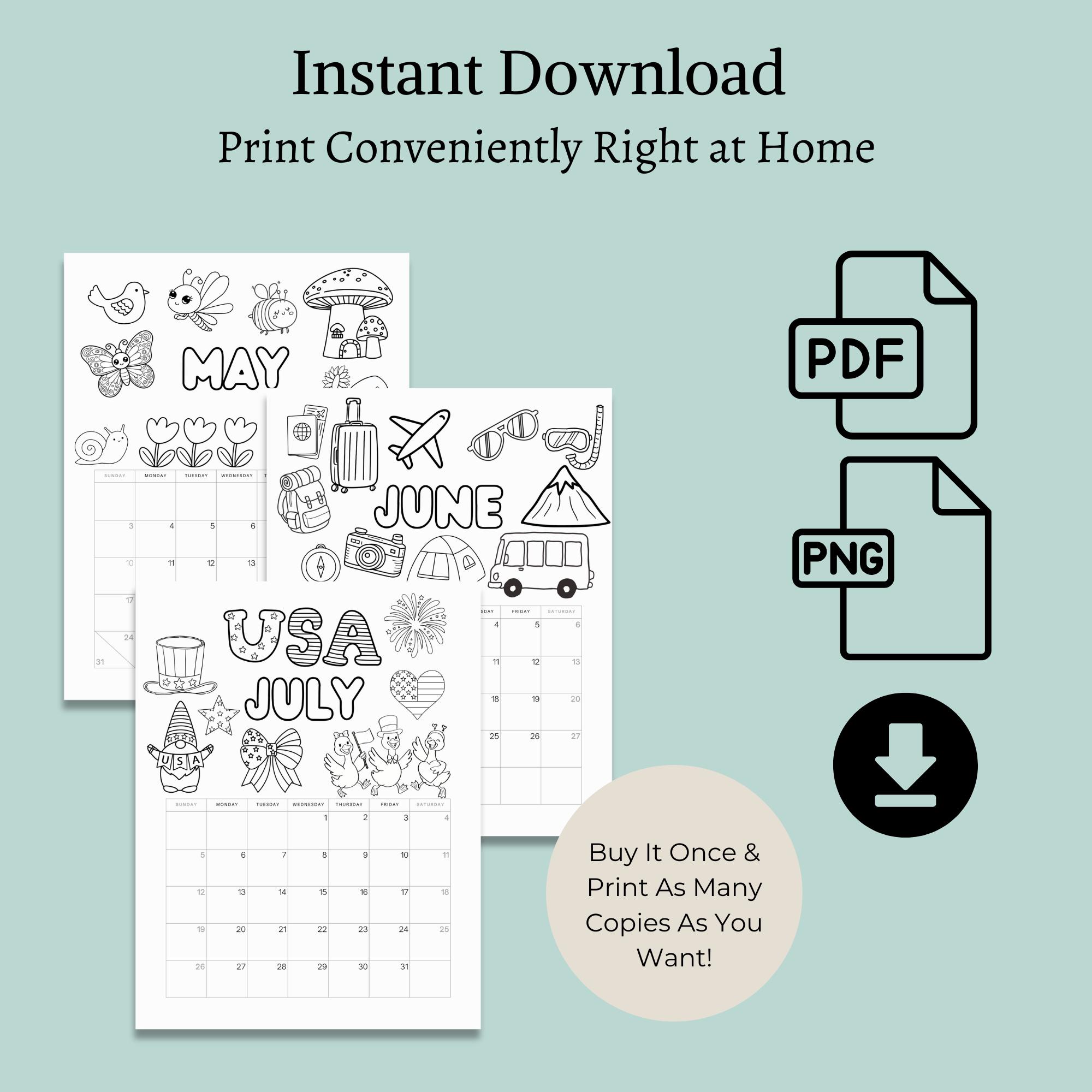 2026 Coloring Calendar for Kids Printable, Monthly Coloring Pages ...