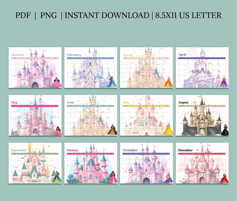2026 Princess Printable Calendar for Kids, Cute Castle Monthly Calendar ...