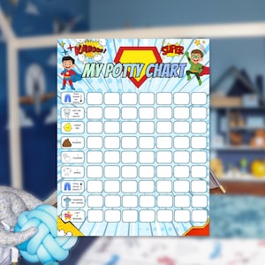 May include: A superhero-themed potty chart with the text "MY POTTY CHART". The chart features illustrations of a boy and a girl in superhero costumes, along with boxes for tracking progress. Includes prompts like "I pulled down my pants" and "I get a reward".