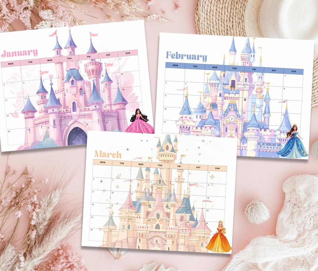 2026 Princess Printable Calendar for Kids, Cute Castle Monthly Calendar ...