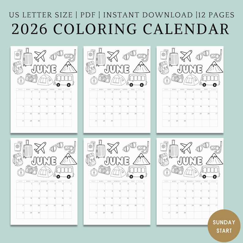 2026 Coloring Calendar for Kids Printable, Monthly Coloring Pages ...