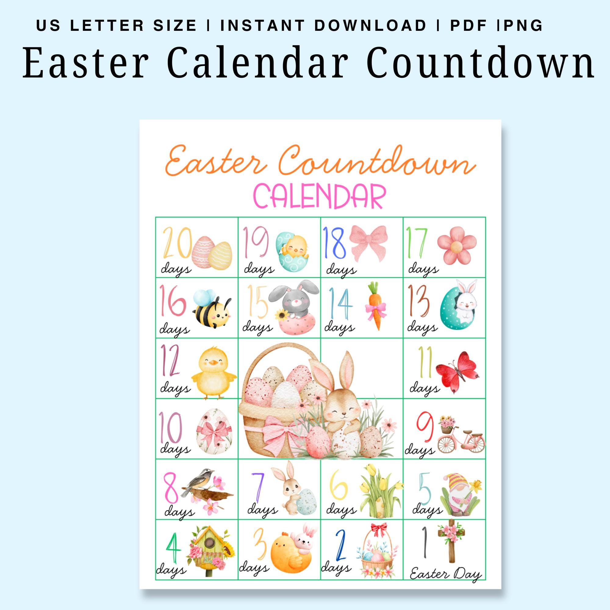 Easter Countdown Calendar Printable, Kids Easter Calendar, 20 Day ...
