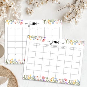 Calendario imprimible de junio de 2026, planificador mensual floral, calendario de estética minimalista, descarga instantánea.
