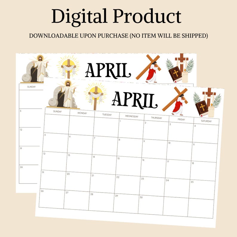 Calendario imprimible de abril de 2026 con temática religiosa de Pascua ...