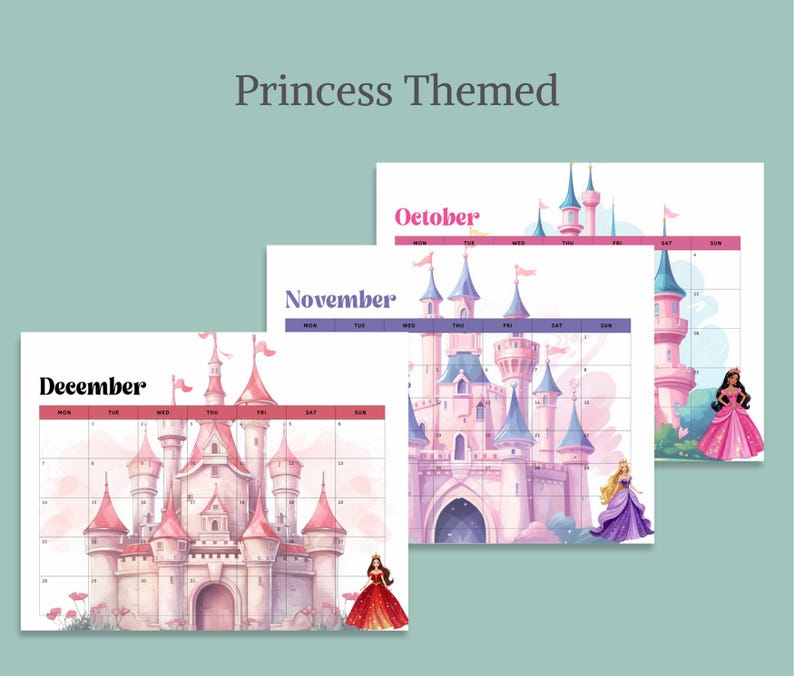 2026 Princess Printable Calendar for Kids, Cute Castle Monthly Calendar ...