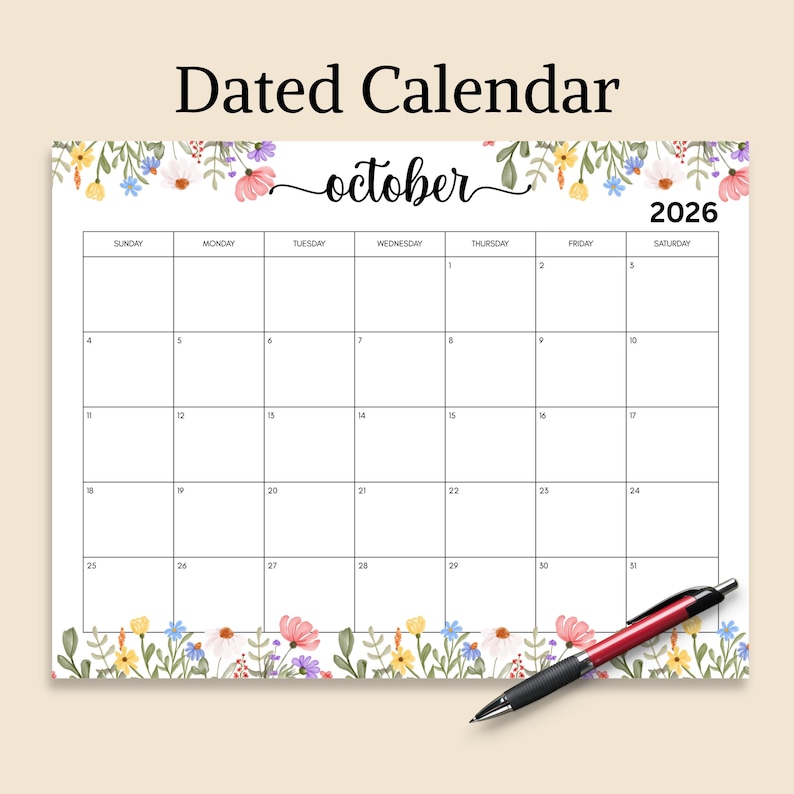 Druckbarer Kalender für Oktober 2026, Monatsplaner mit Blumenmuster