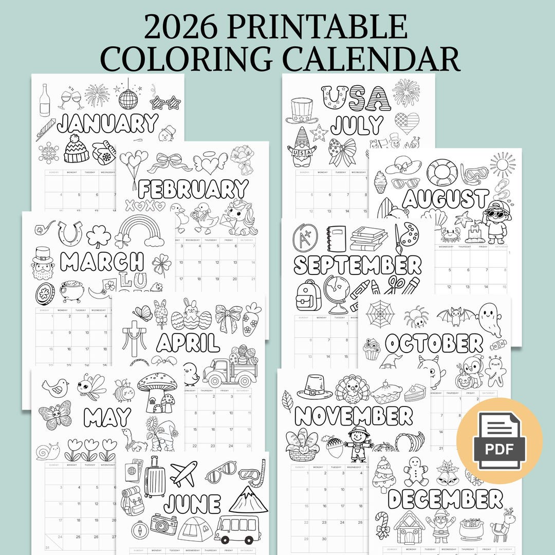 2026 Coloring Calendar for Kids Printable, Monthly Coloring Pages ...