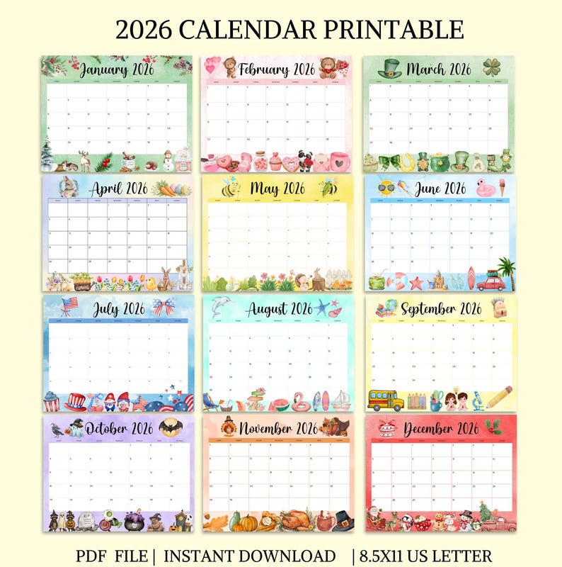 2026 Printable Calendar for Kids, Cute Seasonal Monthly Calendar PDF ...