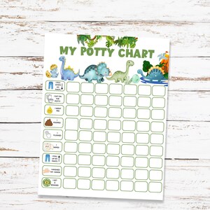 May include: A white potty training chart titled MY POTTY CHART featuring colorful dinosaur illustrations, green jungle foliage, and a grid of empty boxes. The chart includes icons and text for steps like I PULL DOWN MY PANTS, I SAT ON THE POTTY, I WENT PEE, I POOPED, I FLUSHED, I WIPED, I PULL UP MY PANTS, I WASHED MY HANDS, and I GET A REWARD.