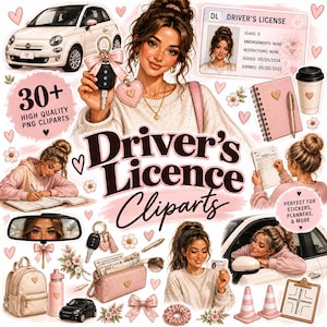 Driver’s License Clipart PNG Bundle | Driving School Girl, Car & Keys | Planner Stickers | Transparent PNG | Commercial Use