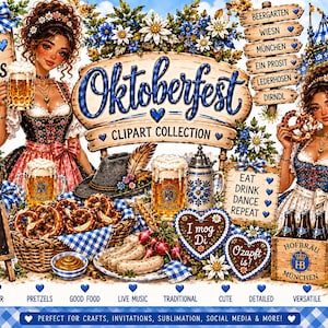 Oktoberfest Clipart Bundle, 50 PNG Cliparts, Bavarian Clip Art, Beer Pretzel Dirndl, German Festival, Sublimation PNG, Commercial Use