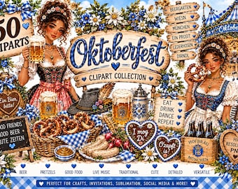 Oktoberfest Clipart Bundle, 50 PNG Cliparts, Bavarian Clip Art, Beer Pretzel Dirndl, German Festival, Sublimation PNG, Commercial Use