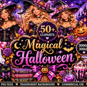 Könnte beinhalten: Eine digitale Sammlung von 50+ Halloween-Cliparts mit drei Hexen, einem Geist mit einem BOO!-Schild, einer schwarzen Katze, Kürbissen, einem Spukschloss und dem Text Magical Halloween, Spells, Potions, Treats, Magic, 3000px, 300dpi.