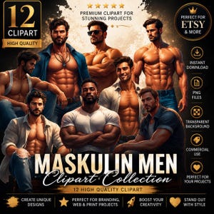 Puede incluir: Una colección de arte digital con 12 hombres musculosos en varias poses. La imagen incluye el texto "MASKULIN MEN Clipart Collection" y "12 Clipart High Quality". Texto adicional incluye "Perfect for Etsy & More", "Instant Download" y "Commercial Use".