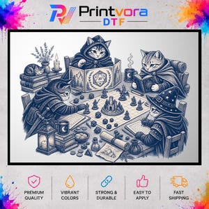 May include: A black and white illustration featuring four cats dressed in fantasy attire playing a tabletop role-playing game. The cats are seated around a table with a game board, miniature figures, dice, books, a lantern, and a screen.