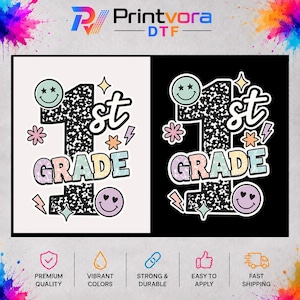 May include: A graphic design featuring the text 1st GRADE with a black and white speckled pattern on the number 1. The design includes pastel-colored smiley faces, stars, flowers, and lightning bolts, presented on both white and black backgrounds.