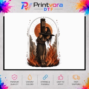 May include: A graphic transfer featuring a witch in a pointed hat tied to a wooden post, surrounded by orange flames. Above the witch is a large orange moon and a pentagram symbol. The design includes the text Printvora DTF at the top.
