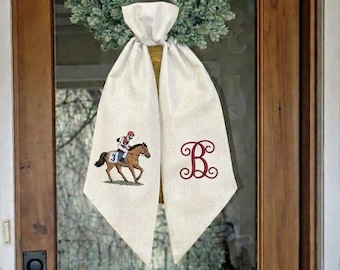 Banda de corona bordada del Derby de Kentucky, decoración sureña personalizada con monograma para el porche, lazo para puerta del Derby, adorno de corona personalizado para la puerta principal.