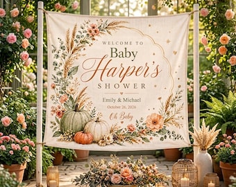 Personalized Fall Baby Shower Linen Tapestry, Pumpkin Backdrop Banner