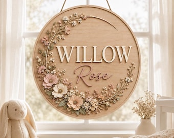 Personalized Floral Nursery Sign, Custom Wooden Baby Name Decor, Boho Baby Girl Room Wall Art, Round Wood Plaque