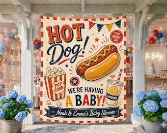 Custom Hot Dog Baby Shower Banner, Baby-Q Decor Welcome Sign, 4th of July Summer Backyard Baby Sprinkle Decor