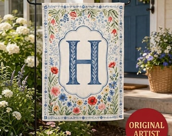 Personalized Crest Garden Flag, floral Preppy Coquette Initial Yard decor, Grandmillennial Decor, Porch Banner, Watercolor Chinoiserie Flag