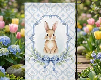 Preppy Chinoiserie Topiary Easter Bunny Garden Flag, Green & White Spring Rabbit Crest Flag, Trendy Easter Banner