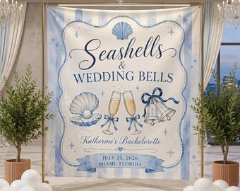 Decoración personalizada para despedida de soltera, tapiz de conchas marinas y campanas de boda, despedida de soltera en la playa, fondo costero para despedida de soltera