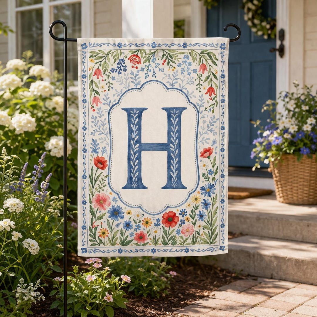 Personalized Crest Garden Flag, floral Preppy Coquette Initial Yard decor, Grandmillennial Decor, Porch Banner, Watercolor Chinoiserie Flag - Flag 12'' × 18''