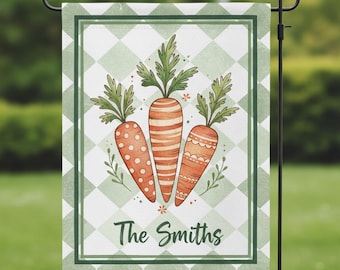 Cute Whimsical Easter Carrot Garden Flag, Custom Name Family Name Flag, Spring Porch Decor, Mothers Day Gift, Bunny Decor Custom Yard Flag