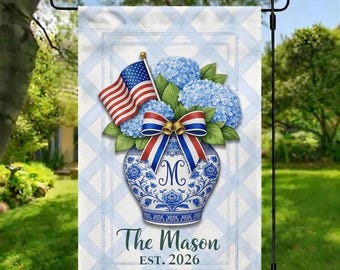 Personalized Patriotic Garden Flag, Hydrangea Monogram House Flag, Custom Family Name Porch Decor, Americana Summer Banner, Outdoor Art