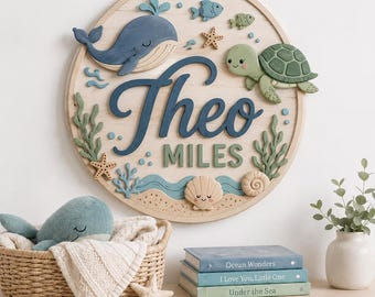 Personalized Ocean Nursery 3D Name Wooden Door Sign, Layered Wooden Under the Sea Wall Decor