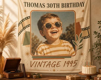 Personalized Birthday Party Decor, Custom Vintage Photo Birthday Party Background, 30th Birthday Banner, 30th Birthday Tapestry, Backdrop