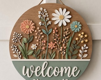 Wildflower Wooden Welcome Door Sign, Rustic Front Door Sign with 3D Florals, Engagement Gift, Newlywed Housewarming Decor