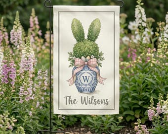 Personalization Easter Garden Flag, Bunny Topiary in Floral Vase With Monogram And Gingham Coquette, Spring Yard Flag, Welcome Garden Flag