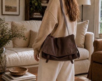 Large Messenger Bag,  Vegan Leather Crossbody Shoulder Bag, Casual Commuter Purse - Brown, Tan, Black