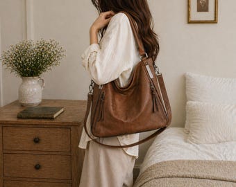 Vegan Leather Tote Bag for Women, Minimalist Shoulder Hobo Bag, Zipper Office Commuter Large Everyday Handbag