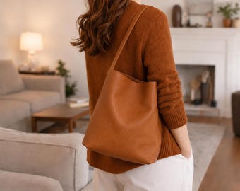 Genuine Leather Shoulder Tote Bag, Minimalist Commuter Handbag, Brown Black Bucket Hobo Purse for Women