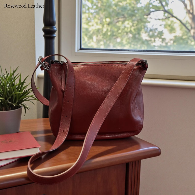May include: A burgundy leather crossbody bag with a long adjustable strap. The bag has a zipper closure and is sitting on a wooden surface. A small potted plant and a book are also visible.