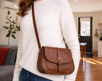 Vegan Leather Crossbody Bag, Saddle Sling Shoulder Purse, Minimalist Everyday Party Handbag for Women