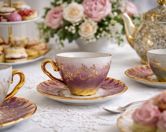 May include: A tea setting with a teacup and saucer, featuring a gold handle and rim, and a purple and gold floral design. A teapot, pastries, and flowers are also visible, creating an elegant and inviting scene.