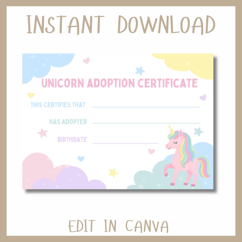 Editable Adopt a Unicorn Sign Certificate Magical Pastel Rainbow ...