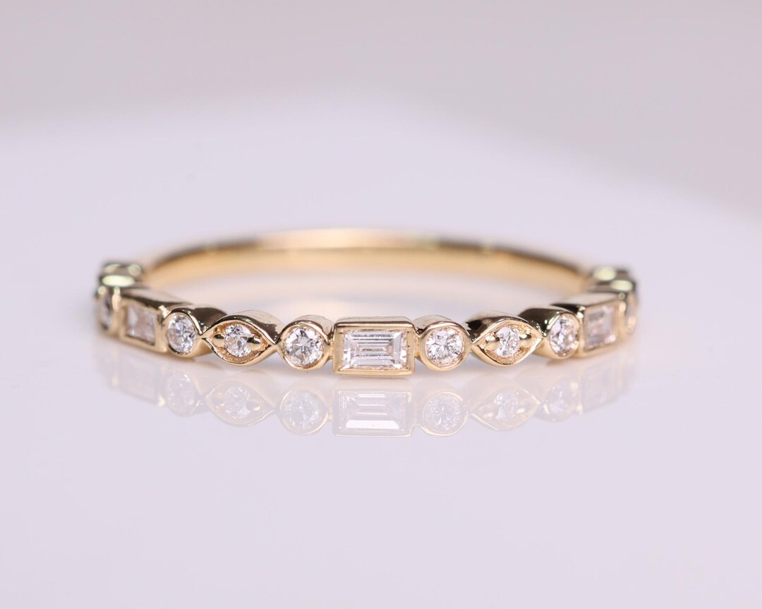 Diamond Wedding Band, 14k Gold 0.25 Ctw Emerald & Round Cut Bezel Set ...