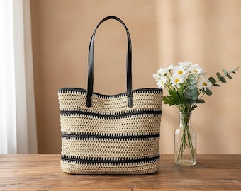 Striped Straw Tote Bag | Beachy Chic, Large Capacity