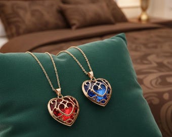 Heart Necklace, Green Red Sapphire Pendant Keychain, Gamer Jewelry, Fan Gift, Anime Game Charm
