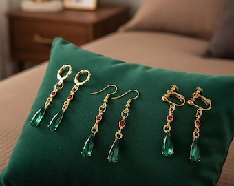 Howl's Moving Castle Earrings – Green Crystal Drop Clip-Ons (Comfortable Wear)