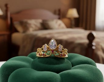 Gold Plated Zircon Crown Ring | Adjustable Princess Wedding Jewelry, Geek Chic Accessory