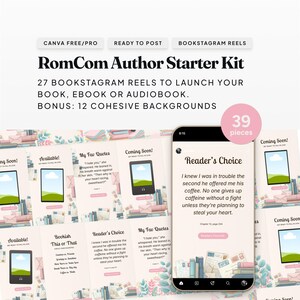 以下が含まれることがあります： 作家向けのデジタルキット。27のBookstagramリールで書籍、電子書籍、オーディオブックを宣伝。ボーナス：12の統一された背景。画像は、本の引用とテンプレートが表示された携帯電話の画面を示しています。